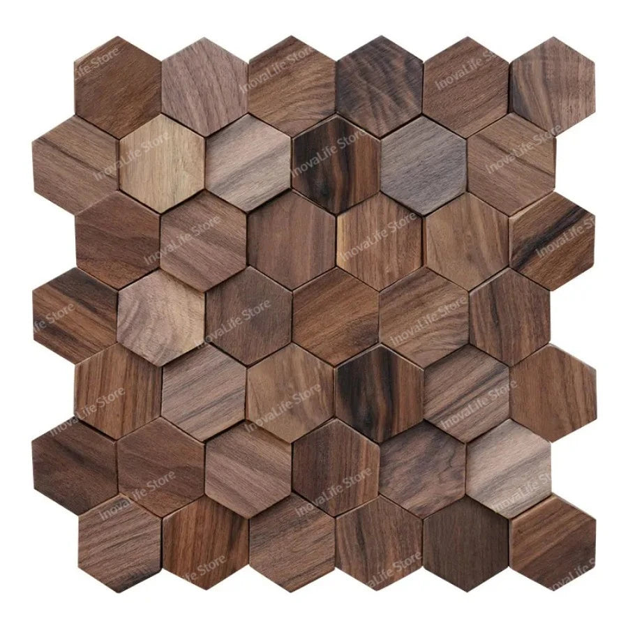 Mosaïque hexagonale moderne bois métal stickers mur marron doré autocollants 3d intérieur décoration