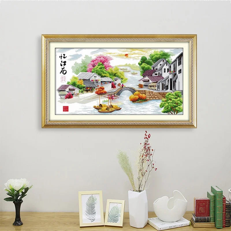 kit broderie coton multicolore paysage urbain motifs traditionnels aiguilles rubans toile imprimée farmhouse
