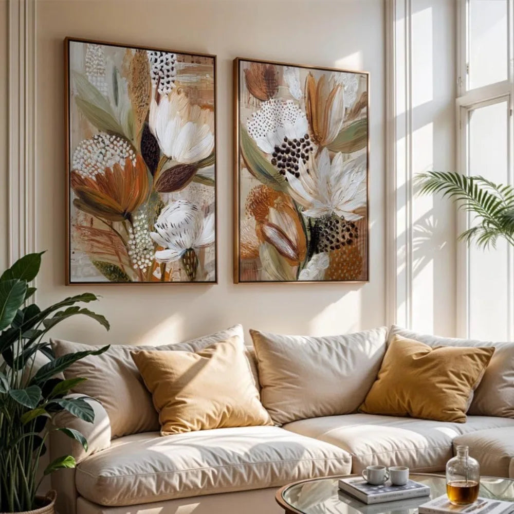 toile d'art abstraite fleurs feuilles moderne minimaliste beige marron blanc vert sans cadre