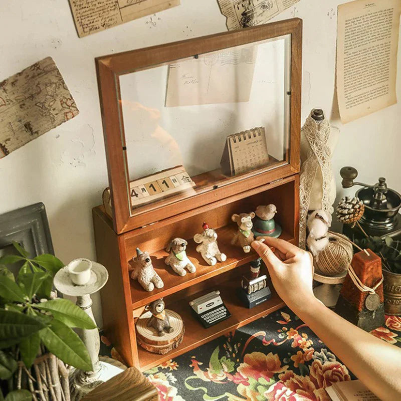 vitrine bois étagères verre transparent porte coulissante figurines animaux calendrier cubes vintage