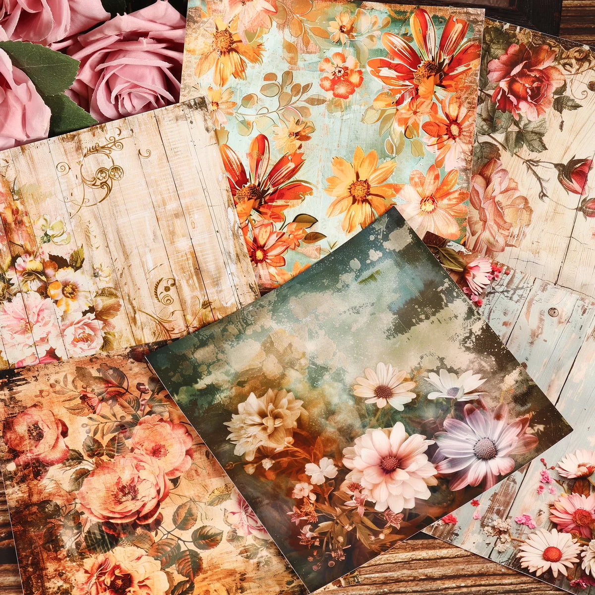 serviettes imprimées multicolores fleurs vintage roses pivoines marguerites bois patiné set table