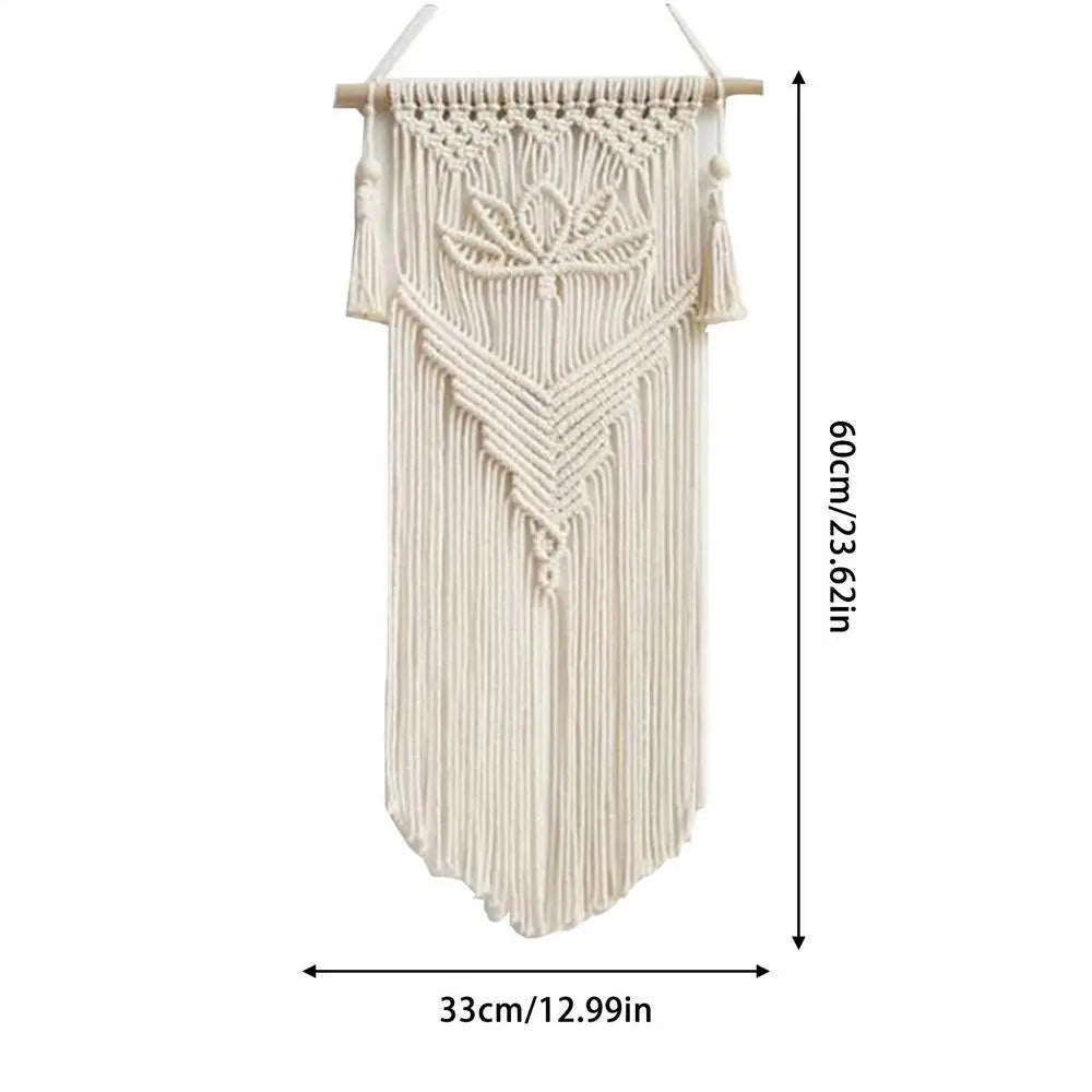 décoration murale macramé géométrique bohème franges suspendu tige bois ethnique artisanal triangles losanges