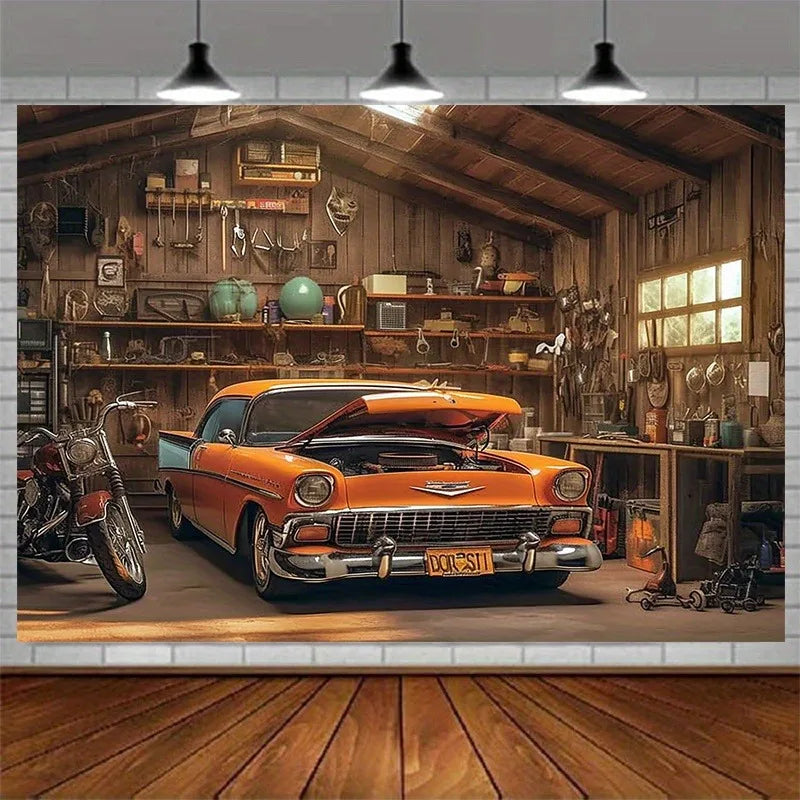 décoration murale poster voiture vintage garage outils orange noir blanc moderne