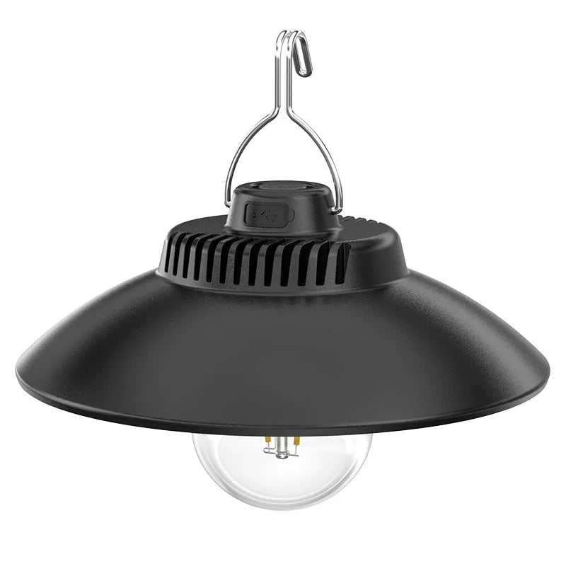 lampe suspendue rechargeable led noire industrielle fixations adhésives lumière variable camping decoration extérieure