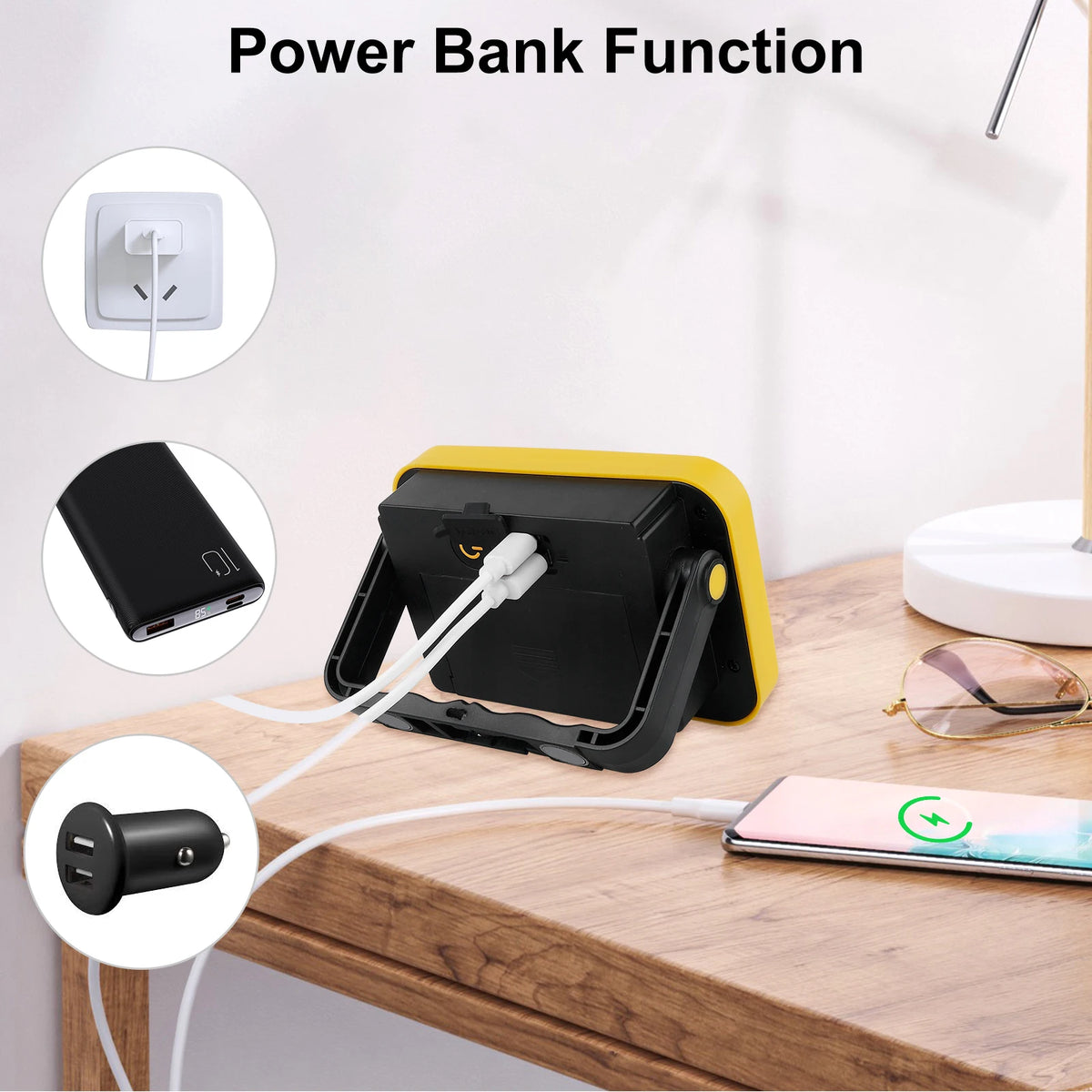 lampe led moderne noir jaune support rotatif aimant trépied rechargeable cordon adaptateur usb voiture