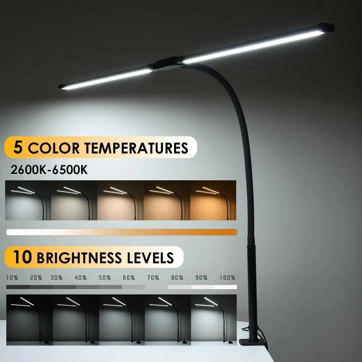 lampe led noir moderne réglable 5v couleurs 10 niveaux usb adaptable clip