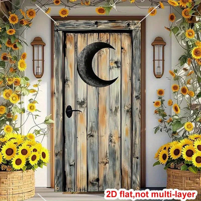 décoration murale autocollant porte lune bois vintage gris beige rustique