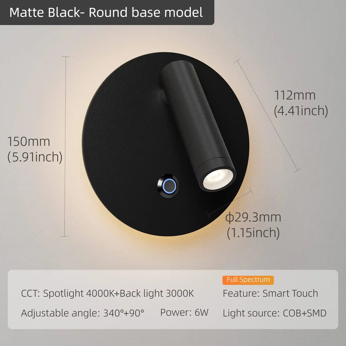 lampe murale moderne led dimmable blanc mat interrupteur tactile fixée mur chambre entree