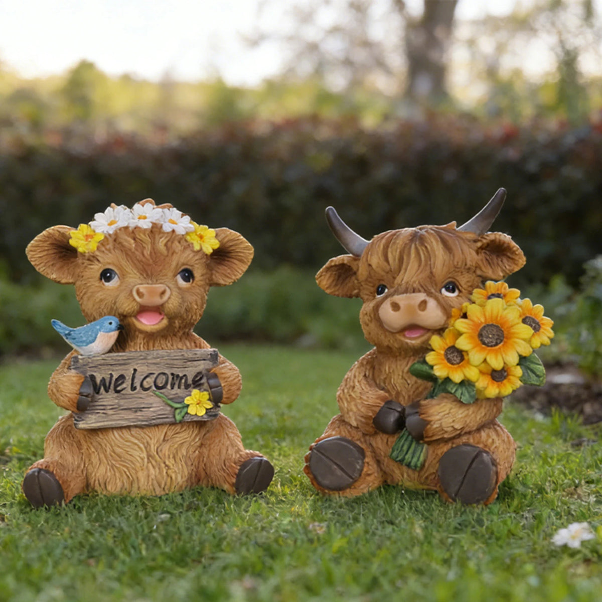 statue vache highland résine bienvenue fleurs tournesols oiseau bleu rustique extérieur jardin decoration