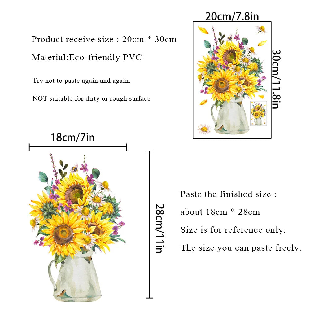 autocollant floral tournesol vase décoration mur toilettes aquarelle illustré abeilles fleurs naturellements inclusion plantes