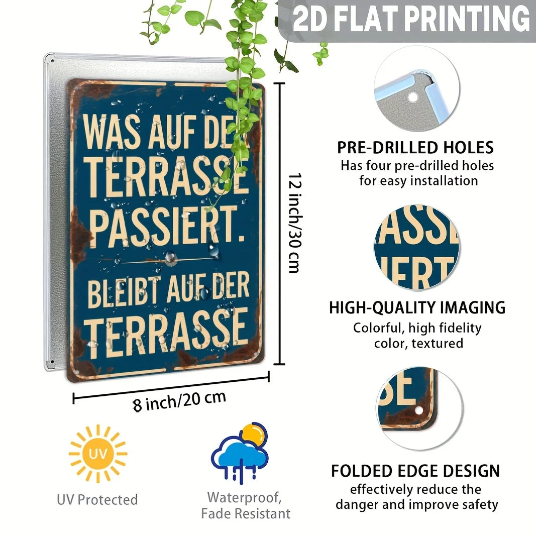 panneau decoratif metal bleu foncé rustique texte allemand vintage dimension 30cm hauteur 20cm largeur