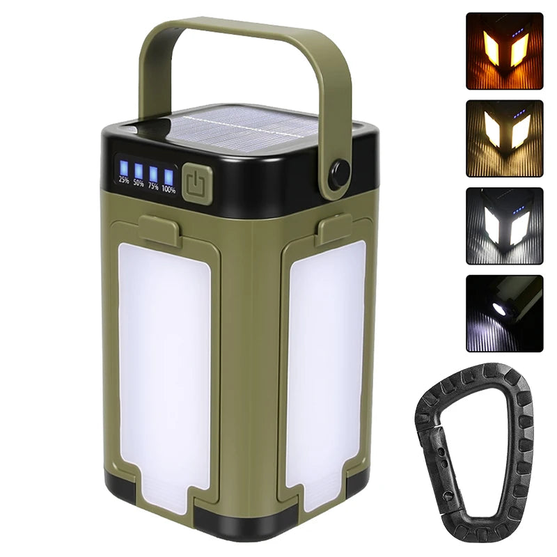 lampe camping solaire rechargeable led vert olive noir moderne modes affichage puissance poignée amovible