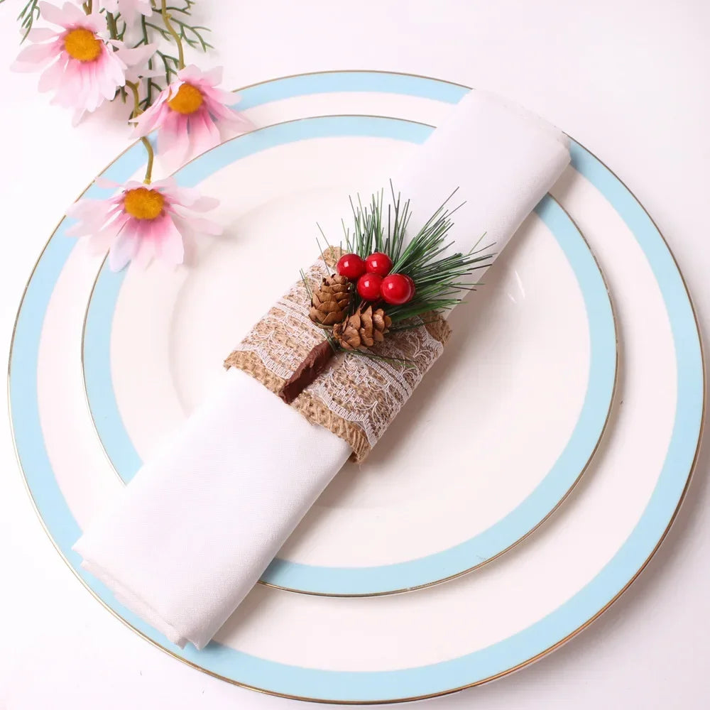 porte serviettes decoratifs burlap dentelle noel branches sapin pommes rouges cones pin festive rustic