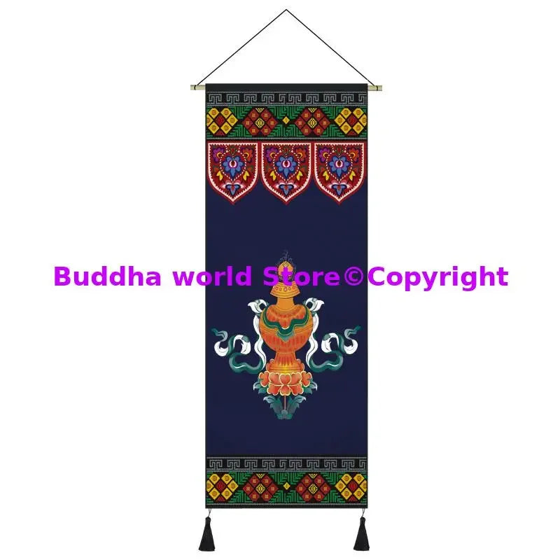 tapisserie bouddhiste ornements religieux symboles géométriques bleu multicolore crochets métalliques