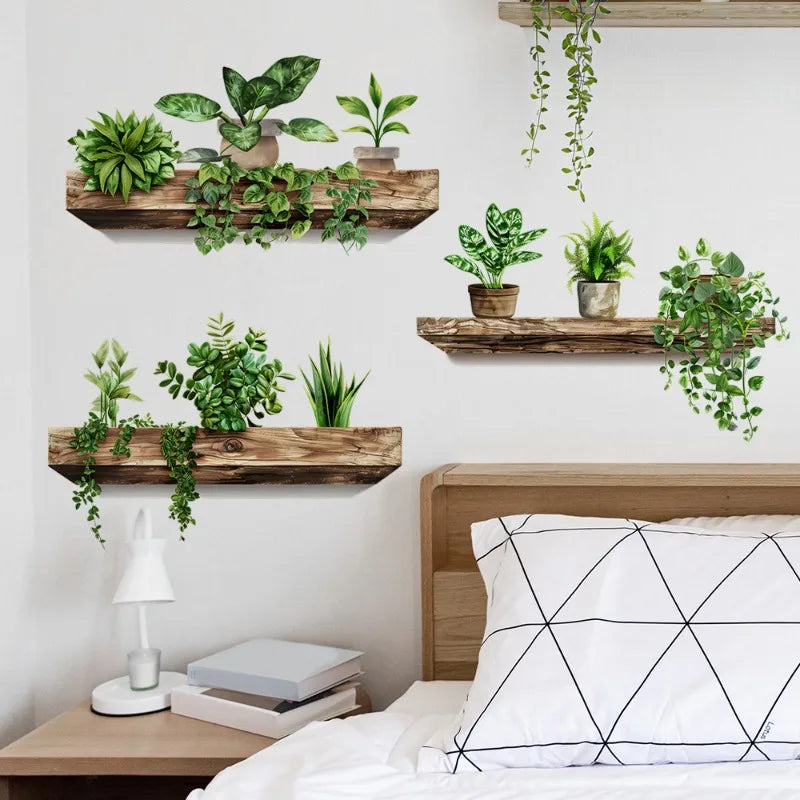 décorations murales étagères bois plantes vertes rustique moderne intérieur ambiance naturelle autocollants apaisante vivifiante