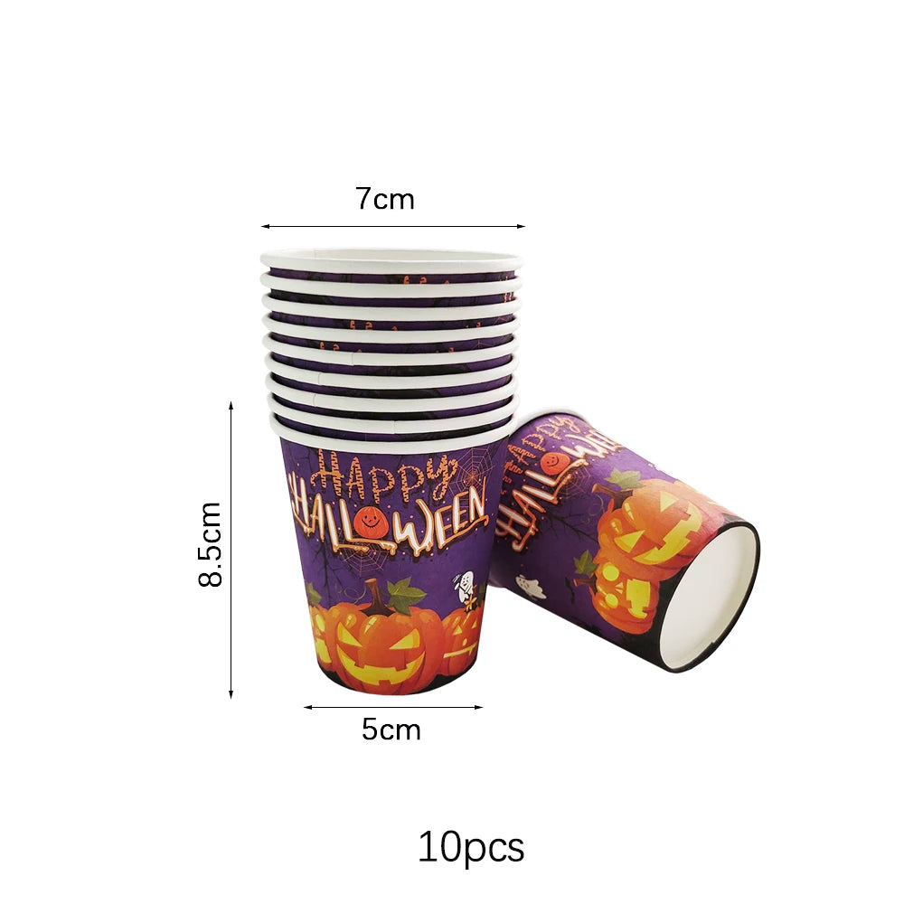 vaisselle jetable halloween assiettes gobelets pailles serviettes nappe citrouilles fantômes araignées violet orange