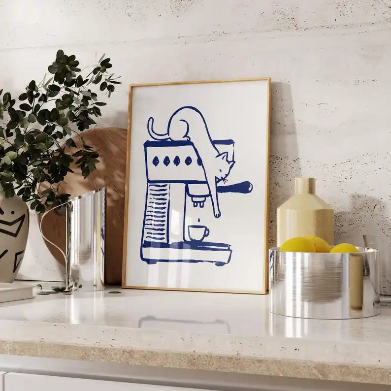 affiche imprimée chat illustration simple blanche bleue sans cadre décor maison
