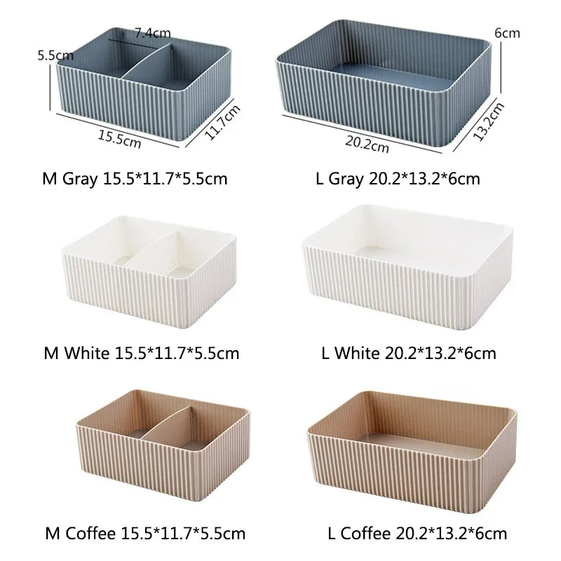 boîtes rangement gris blanc rayées modernes empilables 2l charge2kg cosmétiques lunettes ciseaux télécommande