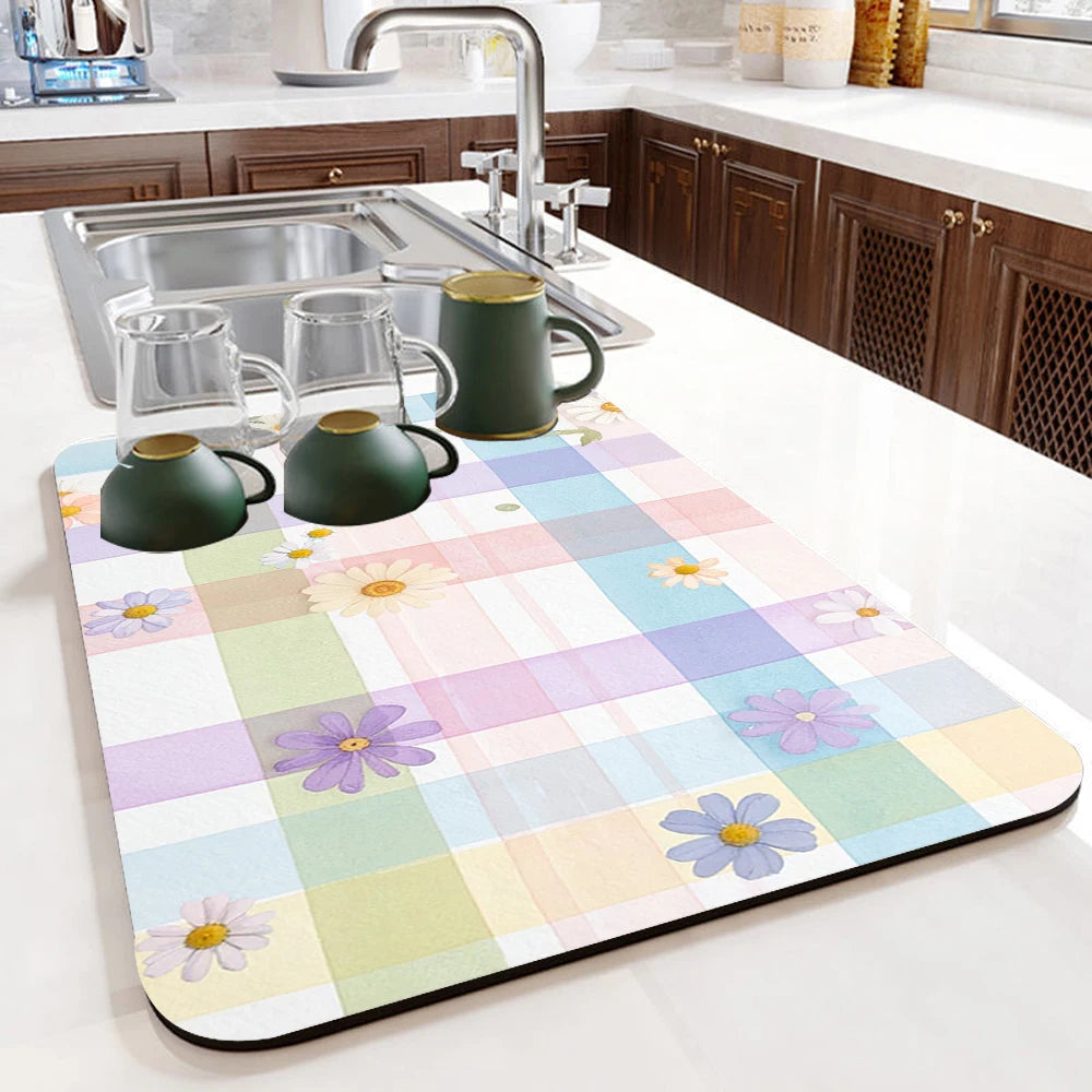 tapis cuisine moderne drain pad anti dérapant absorbant fleurs blanches fond bleuclair carreaux colorés