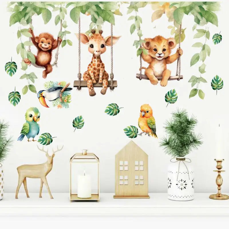 sticker mural animal jungle singe girafe lion balançoire feuilles multicolore chambre enfant