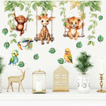 sticker mural animal jungle singe girafe lion balançoire feuilles multicolore chambre enfant