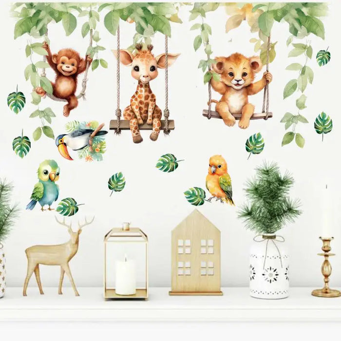 sticker mural animal jungle singe girafe lion balançoire feuilles multicolore chambre enfant