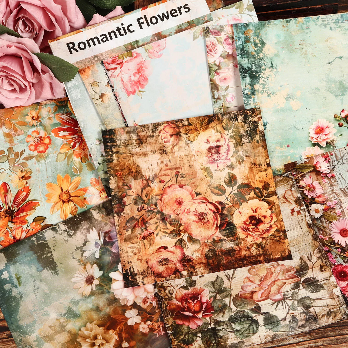 serviettes imprimées multicolores fleurs vintage roses pivoines marguerites bois patiné set table