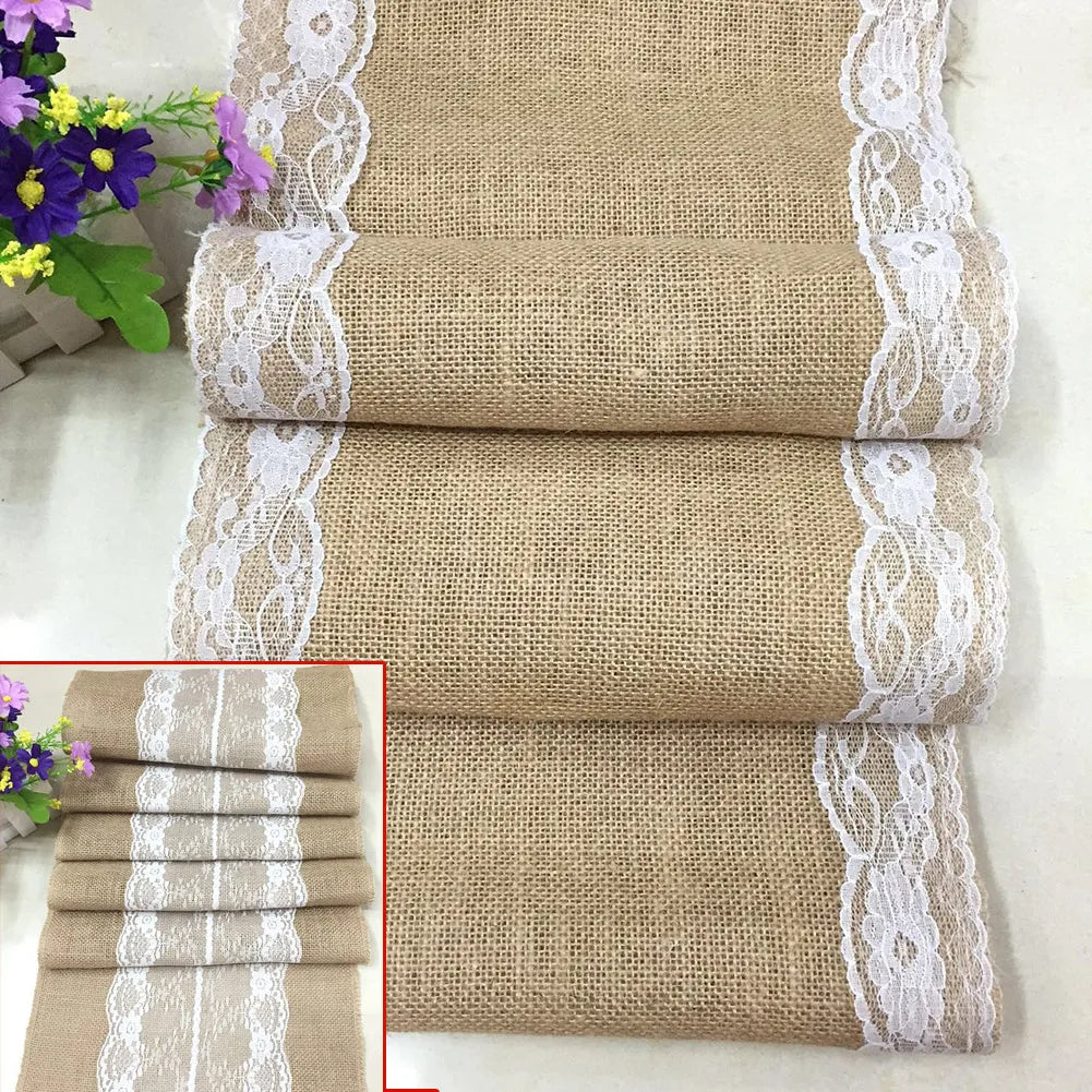 nappe table vintage jute lin dentelle bordure fleurs artificielles rustique cuisine salle manger