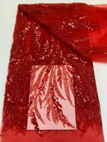 tissu dentelle polyester feuilles stylisées rouge élégant orné mariage fête