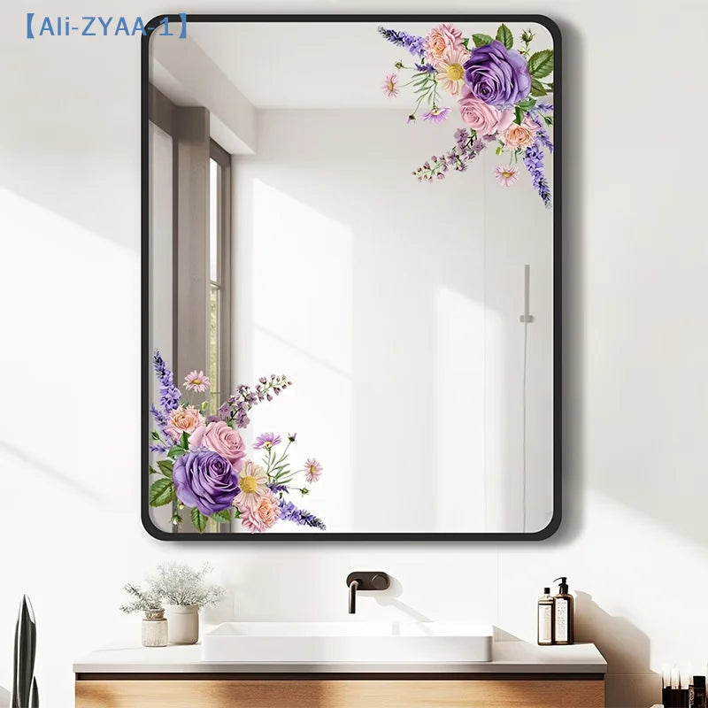 miroir adhésif moderne fleurs feuilles verte doré noir floral amovible chambre salle bain