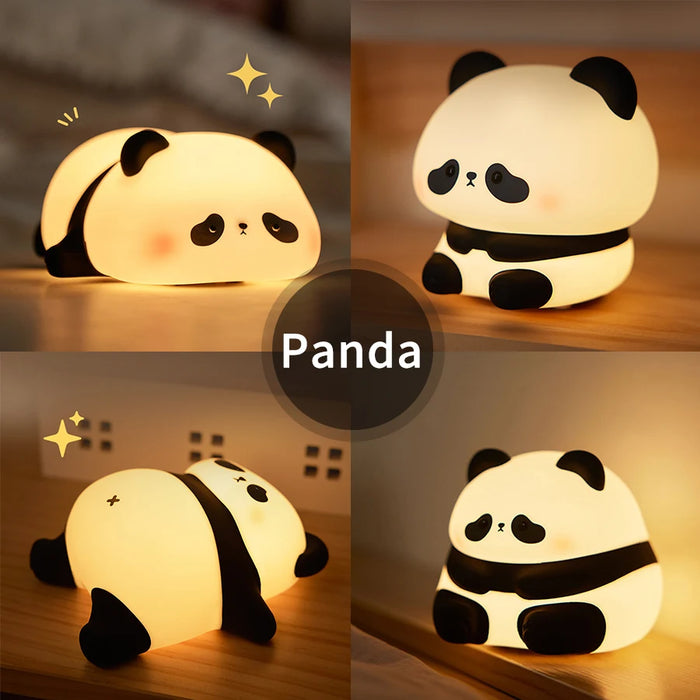 Veilleuse LED Panda en silicone sur table de chevet blanche