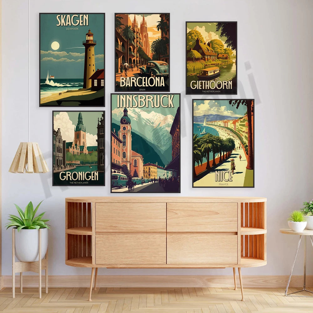 Une collection d'affiches vintages illustrant des villes et des paysages de plusieurs pays européens, créant une ambiance de voyage et d'exploration.