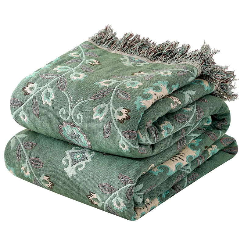 couverture coton jacquard fleur complexe vert beige marron rose traditionnelle hiver été canapé lit