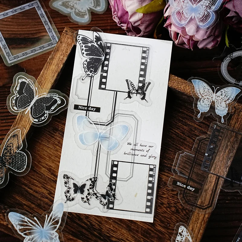 sticker vintage fleurs papillons dentelle scrapbooking journal deco transparent opaques
