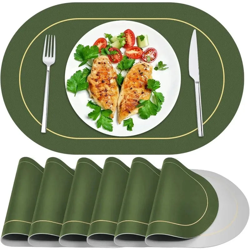 tapis table ovale moderne vert foncé assiettes blancs couverts bols alimentos