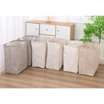 panier linge pliable coton rayures horizontales beige gris moderne poignées plastique