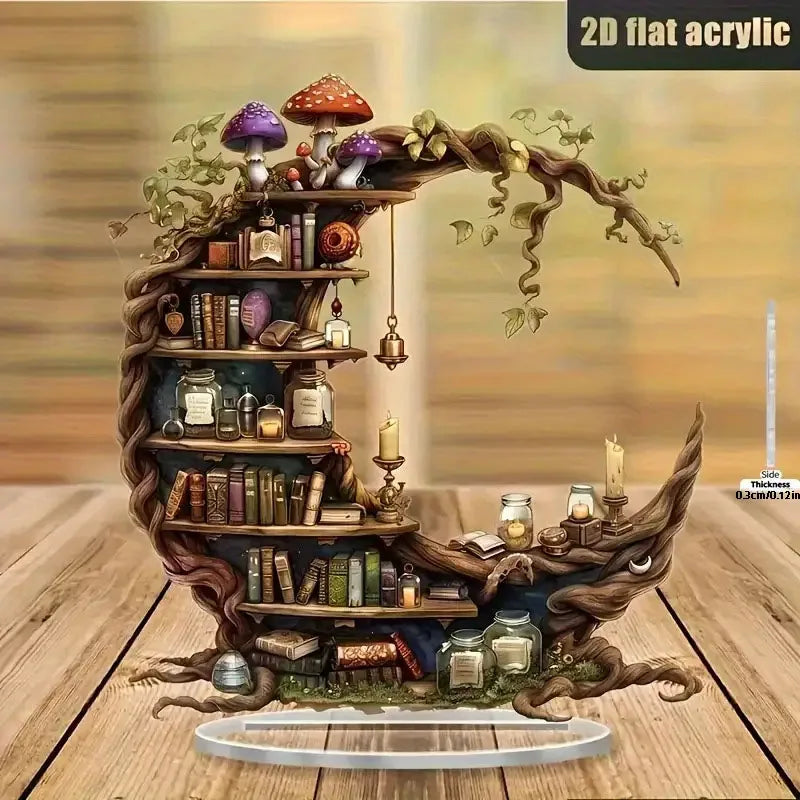 étagère décorative bois naturel acrylique livres champignons bougies cloche Halloween Noël anniversaire fantaisie naturelle