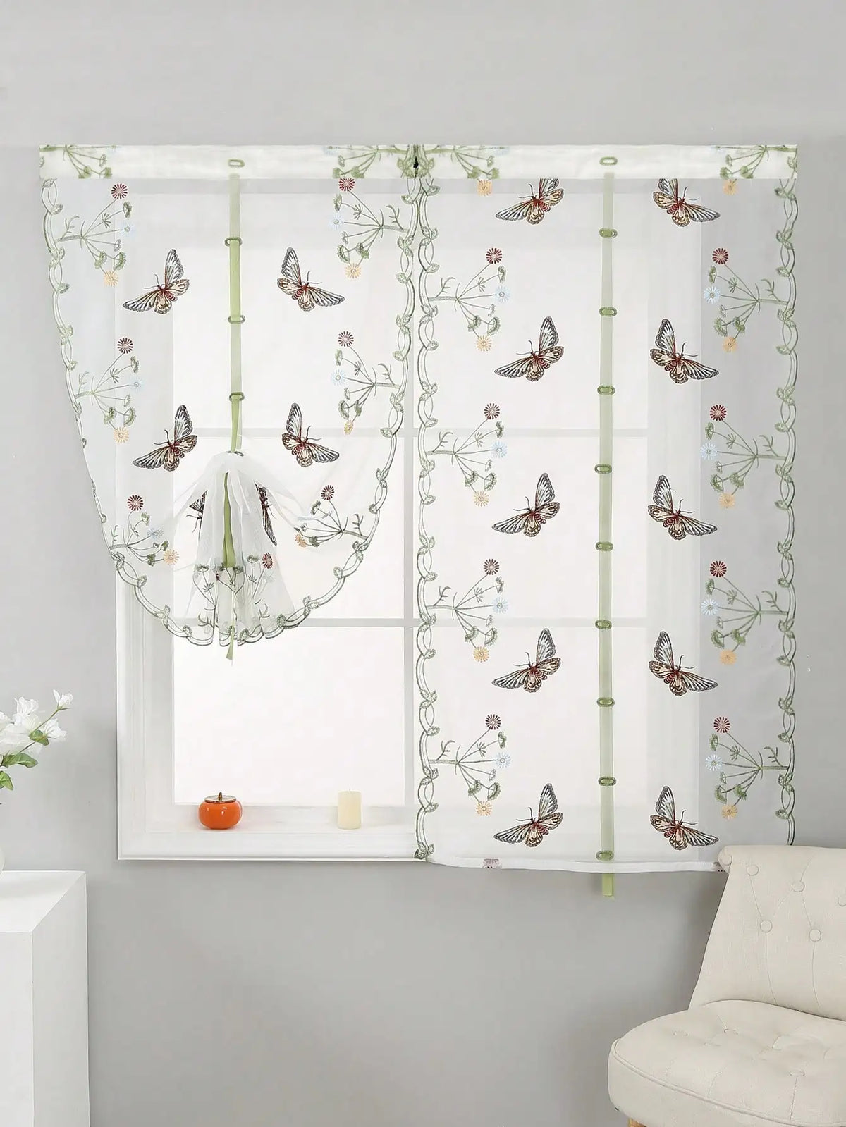 rideau transparent papillons fleurs brodé polyester blanc vert rouge bleu marron 80x130cm 80x160cm