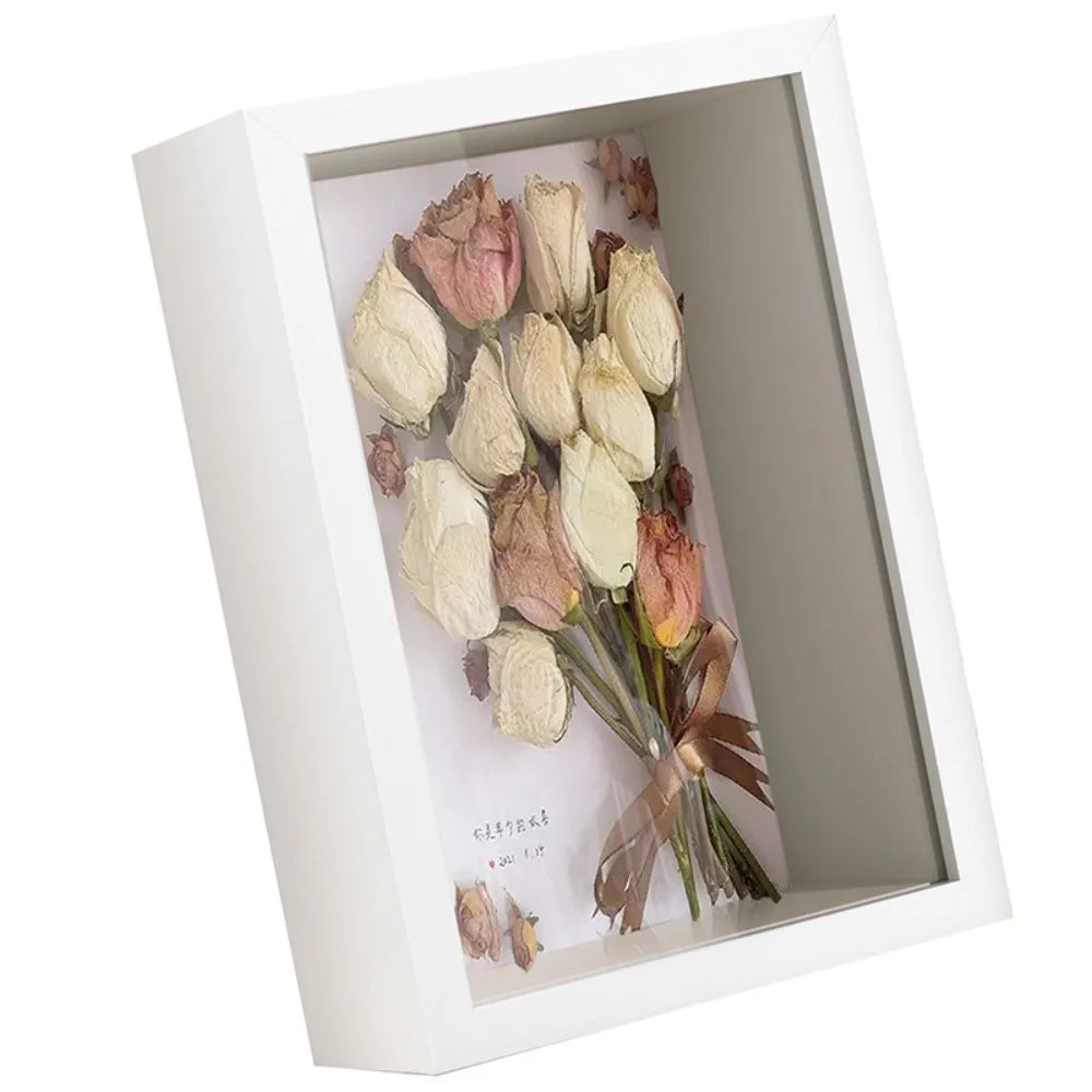 bouquet roses sèches cadre photo classique boîte mémoire 10 pouces blanc rose pâle