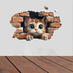 sticker decoratif chat 3d brique brise mur orange marron blanc bleu adhesif 20x30cm
