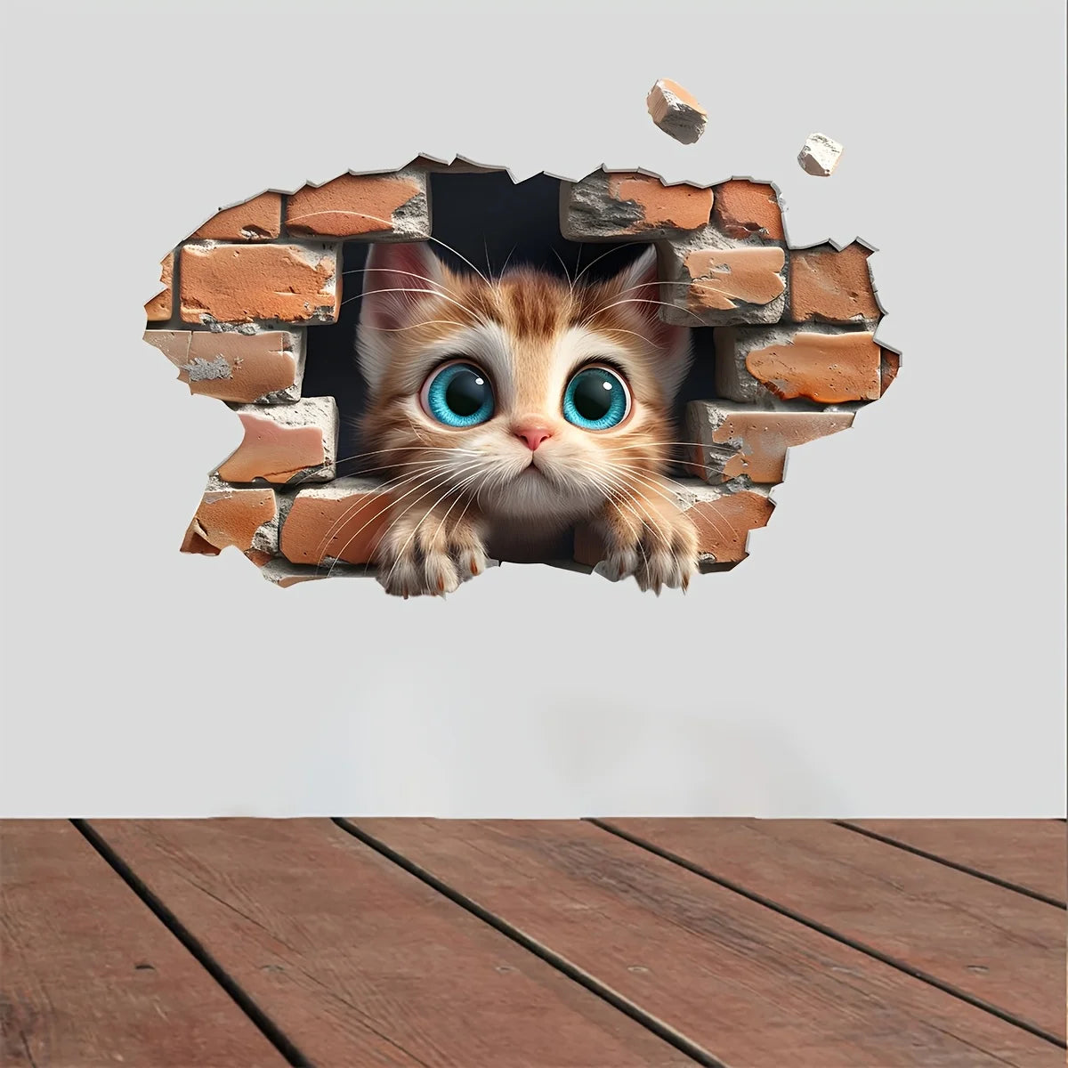 sticker decoratif chat 3d brique brise mur orange marron blanc bleu adhesif 20x30cm