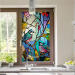 sticker décoration fenêtre vitrail oiseaux fleurs bleu rouge vert transparent art maison