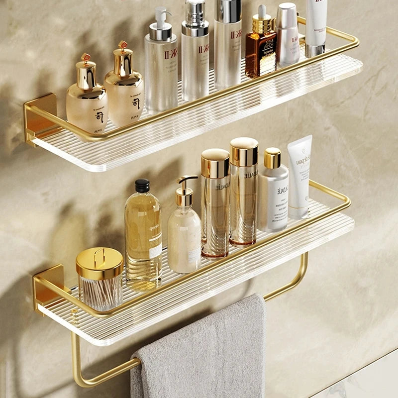 étagères salle bain transparentes dorées modernes élégantes clips murale cosmétiques verres savon distributeur