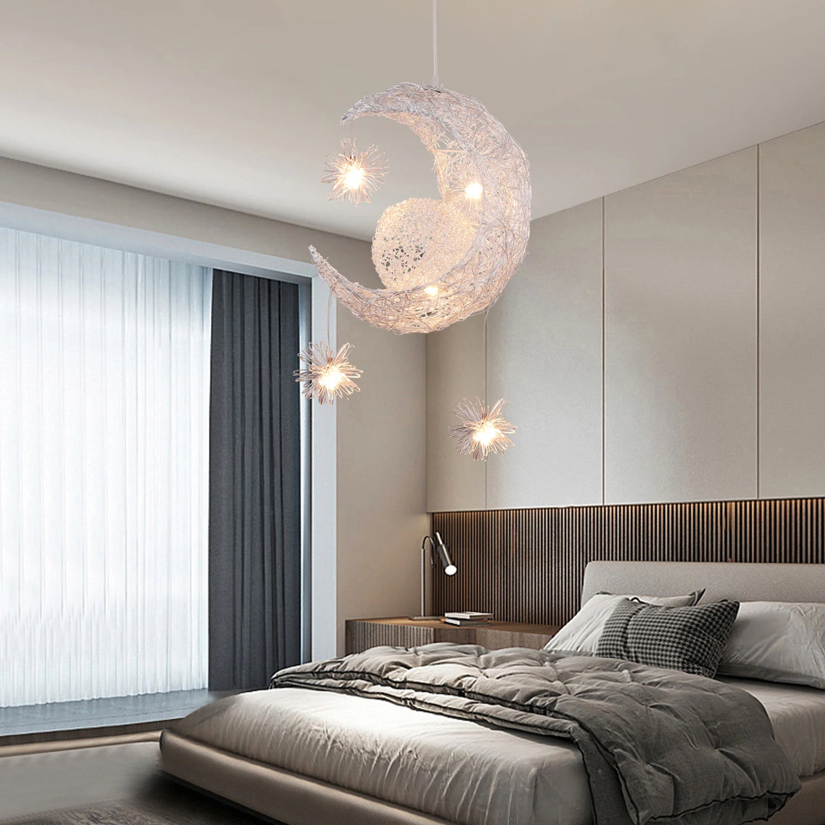 lampe suspendue moderne lune étoiles blanc doré salon chambre led