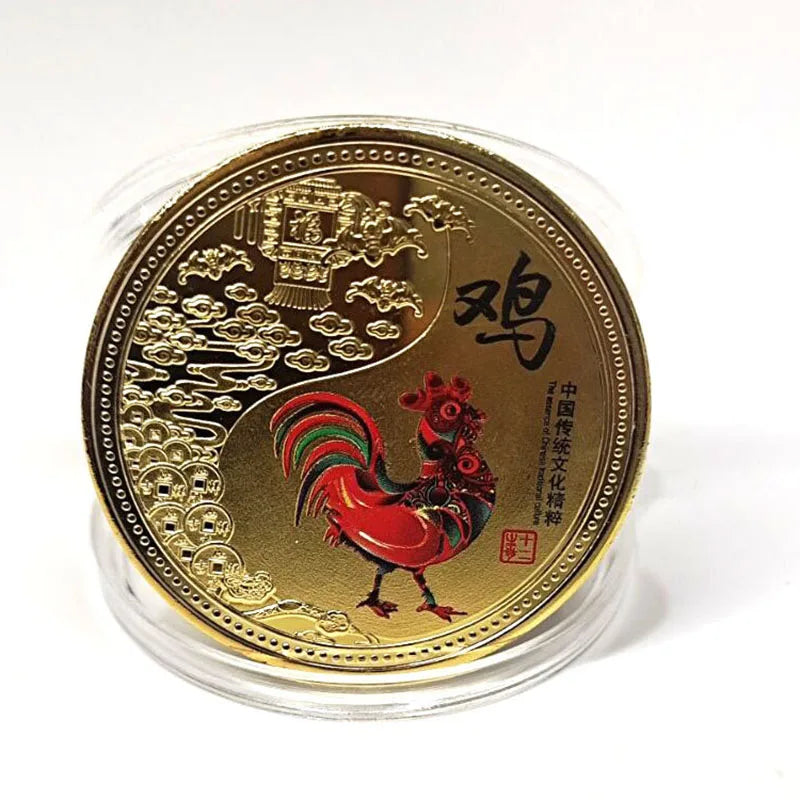 médailles zodiaque chinois animaux symboles yin yang decoration florale or rouge noire bleu verte