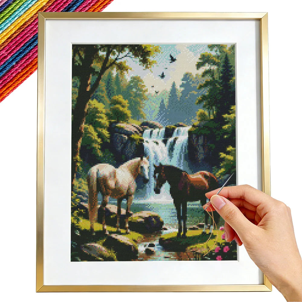 kit broderie point croix chevaux cascade forêt tissu coton fils multicolores débutants toile imprimée