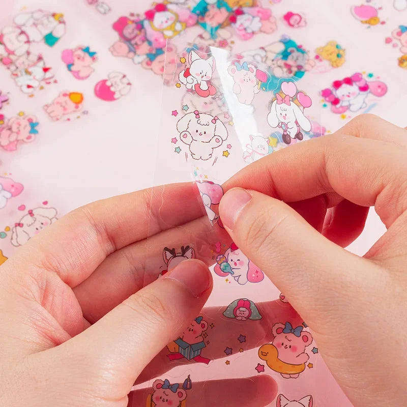 sticker kawaii adhésif dessins animés chats floraux textes scrapbooking transparent rose vert bleu blanc