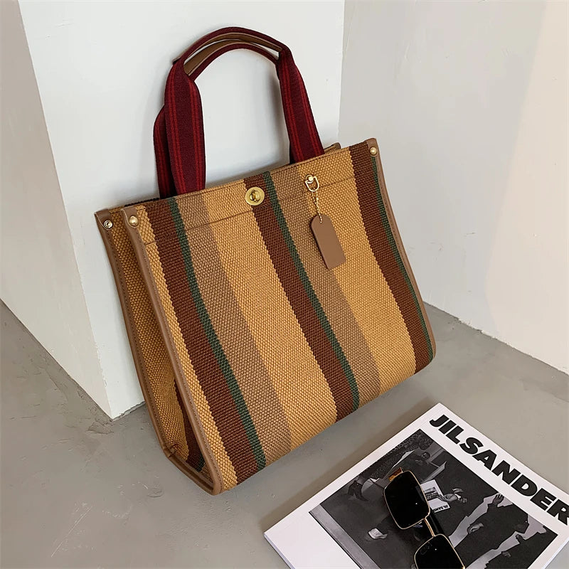 sac main femme toile polyvalent rayé poches intérieures appliques décontracté moderne casual
