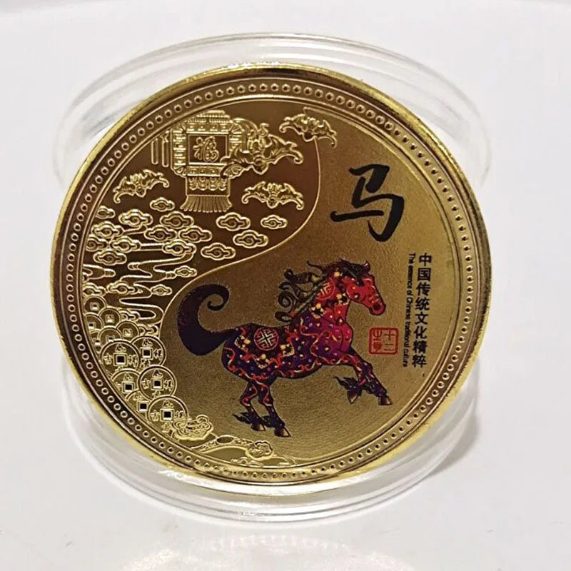 médailles zodiaque chinois animaux symboles yin yang decoration florale or rouge noire bleu verte