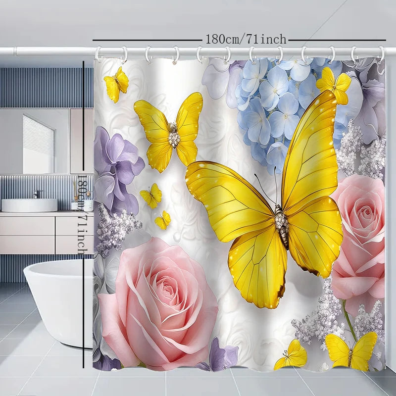 rideau douche papillons fleurs jaunes polyester moderne anneaux rideau blanc violet bleuclair chambre toilette